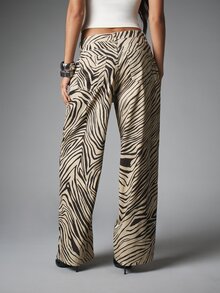 MISSGUIDED Zebra Print Wide Leg Pants Low Rise Full Length Animal Print Casual Trousers Perfect For Summer Holidays Festivals And Everyday Styling - Multicolor - View 3