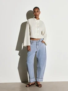 KSTM Boxy Fit Chinese Style Cropped Blouse With Frog Buttons High Neck Bell Sleeves Pinstripe Woven Fabric Spring Summer Top - Apricot - View 3