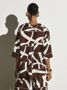 KSTM Abstract Geometric Print Collared Shirt With Elbow Length Boxy Sleeves Oversized Relaxed Fit Button Front Summer Holiday Top - Multicolor - View 5