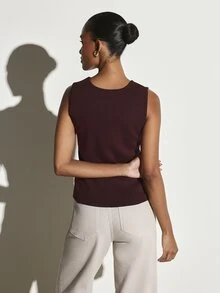 KSTM Ribbed Knit Sleeveless Tank Top With Gold Horsebit Keyhole Cutout Neckline Slim Fit Elegant Fall Winter Top - Burgundy - View 6