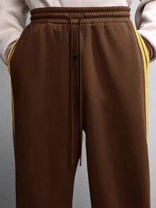 SUMWON Wide Leg Track Pants With Bold Gold Side Stripe Detail Drawstring Waist Full Length Casual Street Style Fall Winter Trouser - Coffee Brown - View 6