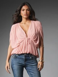 MISSGUIDED Blus Lengan Kelelawar Berkerah V dengan Detail Ikatan di Depan dan Punggung Terbuka, Cocok untuk Kencan Malam Liburan Musim Panas - Berwarna merah muda - View 4