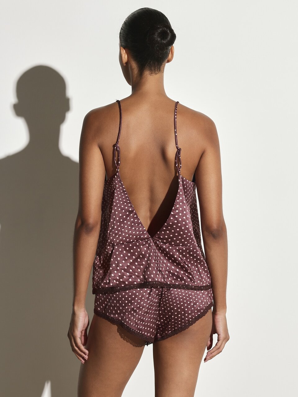 KSTM Satin Polka Dot Cami And Shorts Co-Ord Set With V-Neck Spaghetti Straps Open Back And Lace Trim Luxe Sleepwear Lounge Set