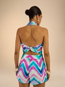 Dancing Leopard Blue And Pink Wrap Tie Front Shorts, Holiday/Vacation Wear - Multicolor - View 2
