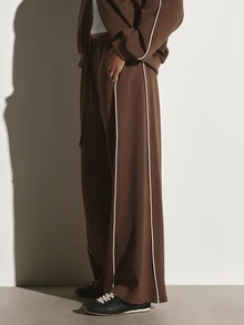KSTM Wide Leg Jogger Pants With Contrast Piping Side Stripe Drawstring Waist Relaxed Fit Casual Lounge Trousers Fall Winter Essential - Coffee Brown - View 3