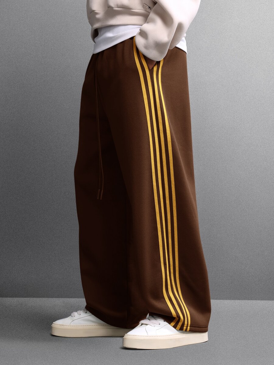 SUMWON Wide Leg Track Pants With Bold Gold Side Stripe Detail Drawstring Waist Full Length Casual Street Style Fall Winter Trouser - Coffee Brown - View 1