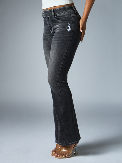 BABYPHAT Cat Logo Embroidered Low Rise Flare Jeans Contrast Stitching Retro Y2K Bootcut Denim Full Length Vintage Style