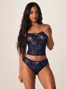 MISSGUIDED Sheer Lace Cami Top With Floral Mesh Fabric, Scallop Trim, Adjustable Straps With Panty Set And Logo Detail - Navy Blue - View 3