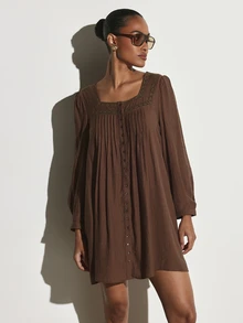 KSTM Gaun Mini Leher Persegi dengan Detail Trim Renda, Lengan Panjang Mengembang, Kancing Depan, Lipatan, Tenun Kerut, Siluet Babydoll - Coffee Brown - View 1