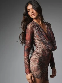 MISSGUIDED Cowl Neck Long Sleeve Bodycon Mini Dress Mixed Animal Print Mesh Ruched Waist Party Night Out Fall Winter - Multicolor - View 1