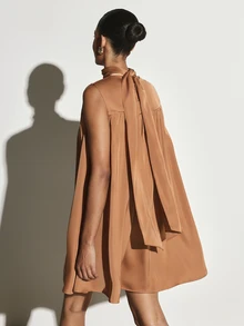 KSTM Halter Neck Satin Mini Shift Dress With Tie Back Detail Sleeveless Gathered Neckline Flowy Swing Silhouette Party Wedding Guest - Brown - View 2
