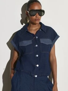KSTM Dark Wash Utility Jacket With Button Front Closure Patch Pockets Contrast Stitching And Drawstring Hem Summer Cropped Outerwear - Navy Blue - View 3