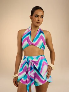 Dancing Leopard Blue And Pink Wrap Tie Front Shorts, Holiday/Vacation Wear - Multicolor - View 6