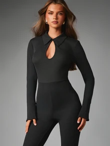 MISSGUIDED Collared Long Sleeve Cropped Jumpsuit With Keyhole Cut-Out Detail Ribbed Knit Form-Fitting One-Piece Party Night Out Style - Black - View 5