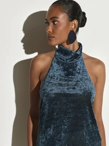 KSTM Atasan tanpa lengan model halter berbahan beludru bertekstur dengan detail lipatan kerah, sempurna untuk pesta liburan dan acara malam hari. - Biru - View 3