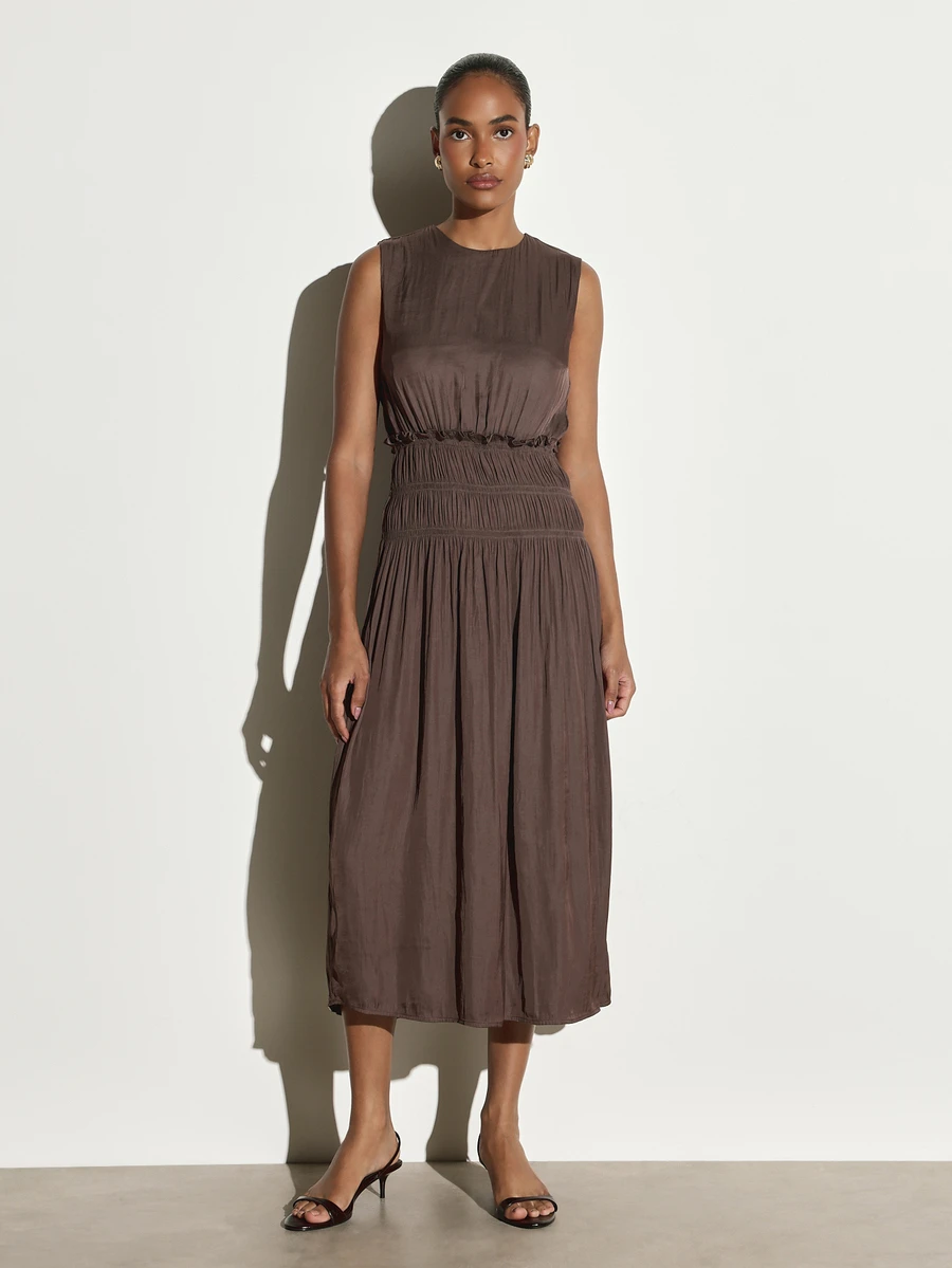 KSTM Sleeveless Satin Midi Dress With Smocked Cinched Waist Ruffle Trim And Pleated Flowing Skirt Perfect For Wedding Guest And Events - Grey - View 1