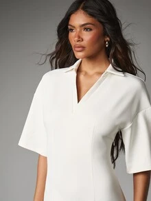 MISSGUIDED Gaun midi model sheath berkerah V dengan lengan pendek longgar dan belahan belakang, gaya elegan untuk kerja di kantor, musim semi dan musim panas. - Putih - View 4