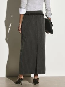 KSTM Charcoal Pinstripe Maxi Pencil Skirt With Belt Detail Mid Rise Fitted Silhouette Tailored Workwear Fall Winter Office Style - Grey - View 4