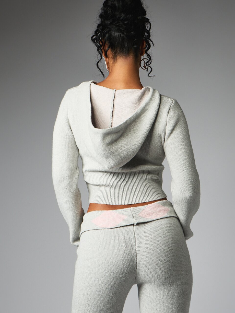 BABYPHAT Felpa corta con chiusura lampo e cappuccio in maglia argyle, ricamo logo, orlo a costine, maniche lunghe, abbigliamento da casa invernale e autunnale, maglione accogliente