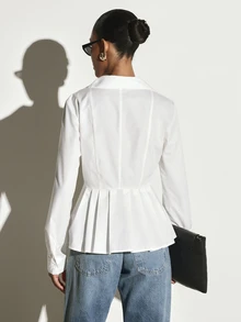 KSTM Pleated Peplum Button-Down Shirt With Spread Collar And Fitted Long Sleeves Spring Summer Office Chic Waist-Defining Woven Top - White - View 5