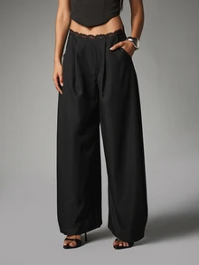 MISSGUIDED Wide Leg Dress Pants With Lace Waistband Trim Pleated Front High Waist Full Length Tailored Trousers Evening Party Holiday Occasion - Black - View 1