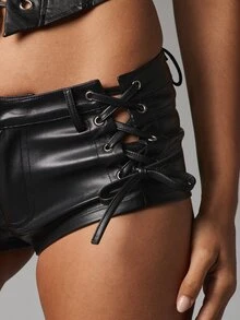 MISSGUIDED Faux Leather Micro Hot Pants With Lace-Up Eyelet Side Detail Low Rise Mini Shorts Festival Party Night Out - Black - View 4