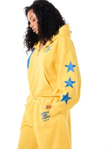 SUMWON Oversized Full Zip Hoodie With Star Sleeve Print And Contrast Stripe Detail Casual Streetwear Top Winter - Yellow - View 4