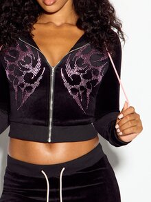 SUMWON WOMEN Velvet Crop Full-Zip Hoodie With Rhinestone Butterfly Print And Drawstring Hood For Fall Winter - Black - View 4