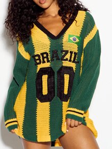 SUMWON WOMEN Atasan Sweater Rajut Oversize dengan Patch Bendera Brasil, Leher V, Lengan Panjang, Garis Vertikal, dan Aplikasi Nomor Gaya Varsity untuk Musim Piala Dunia - MultiWarna - View 2
