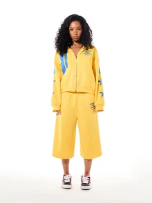 SUMWON Wide Leg Fleece Shorts With Varsity Logo Print, Elastic Waist, Culottes Style, Below Knee Length, Spring Summer - Yellow - View 5