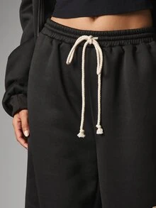 MISSGUIDED Est 09 Wide Leg Jogger Sweatpants With Bold Leg Print Drawstring Waist Fleece Casual Lounge Pants - Black - View 5