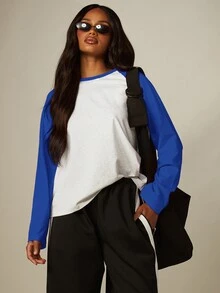 MISSGUIDED Long Sleeve Raglan Baseball T-Shirt With Contrast Sleeves Crew Neck Oversized Casual Color Block Top For Spring - Royal Blue - View 6