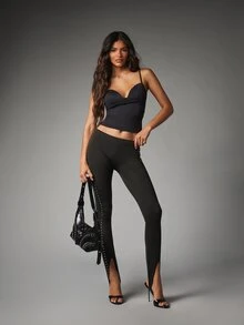 MISSGUIDED Legging Ketat Pinggang Tinggi dengan Detail Garis Samping Lubang Kancing Perak dan Belahan Depan di Bagian Pergelangan Kaki - Hitam - View 2