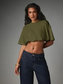 MISSGUIDED Oversized Boxy Crop Tee Short Sleeve Round Neck Relaxed Fit Casual Summer Top Midriff Bare Style - Dark Green - View 5