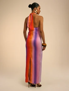 Dancing Leopard Orange Ombre Halterneck Dress, Holiday/Vacation Wear - Multicolor - View 2