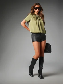 MISSGUIDED Gathered Neckline Satin Blouse Short Sleeve Pleated Front Flowy Relaxed Fit Top Summer Night Out Party Top - Khaki - View 3