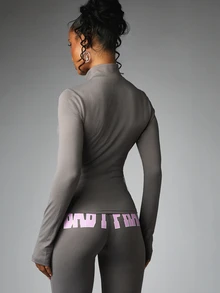 BABYPHAT Logo Zip-Up Mock Neck Long Sleeve Fitted Jacket With Chest Text Print - Grey - View 2