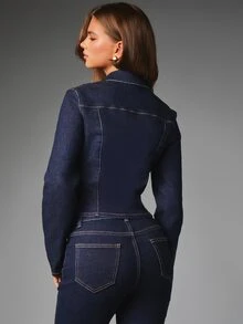 MISSGUIDED Dark Wash Denim Cropped Jacket With Gold Heart Buttons Collared Neck Bell Sleeves Fitted Silhouette Spring Summer Outerwear Party - Navy Blue - View 2