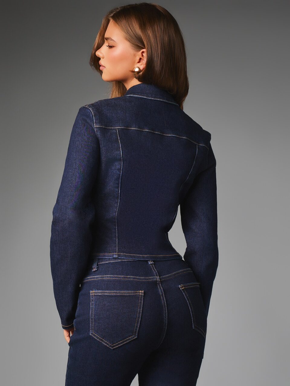 MISSGUIDED Dark Wash Denim Cropped Jacket With Gold Heart Buttons Collared Neck Bell Sleeves Fitted Silhouette Spring Summer Outerwear