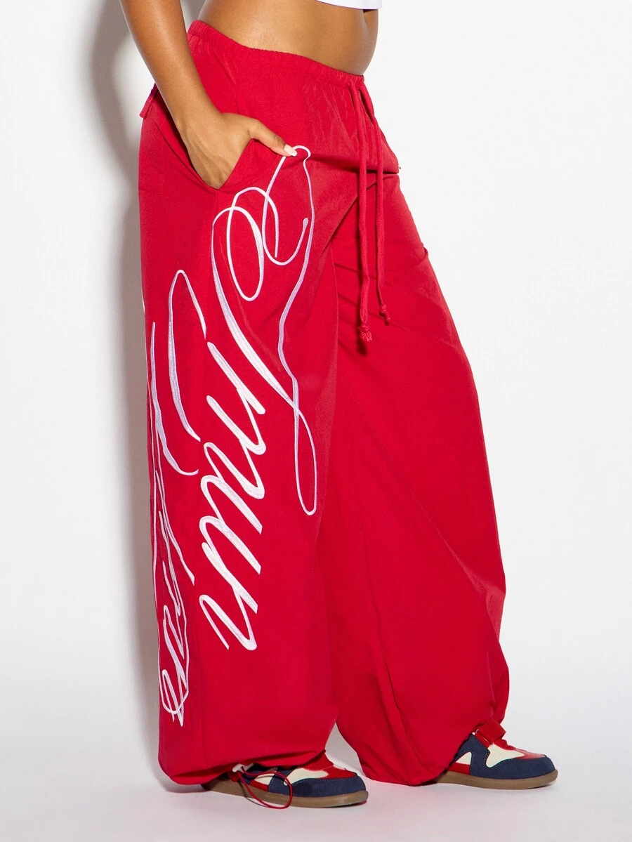 SUMWON WOMEN Wide Leg Loose Fit Casual Pants With Cursive Script Leg Print Low Rise Drawstring Waist Elastic Ankle Cuff Summer Street Style - Red - View 1