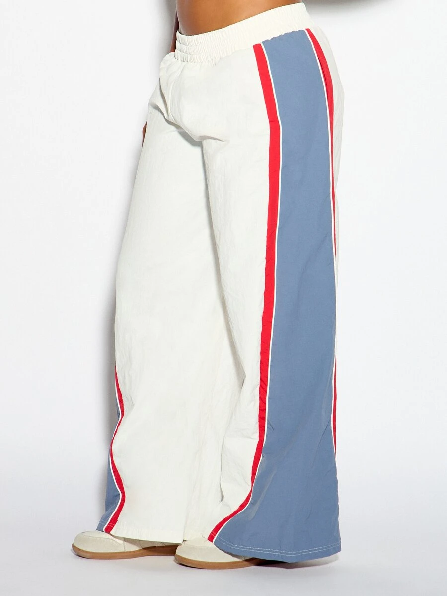 SUMWON WOMEN Celana Track Oversized Kaki Lebar dengan Blok Warna dan Detail Garis Kontras di Samping, Pinggang Elastis dengan Tali Serut, Celana Panjang Kasual untuk Musim Semi dan Musim Panas - MultiWarna - View 1