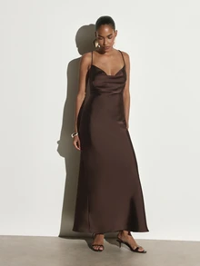 KSTM Satin Cowl Neck Maxi Slip Dress With Thin Straps Elegant A-Line Silhouette Holiday Evening Gown - Coffee Brown - View 1