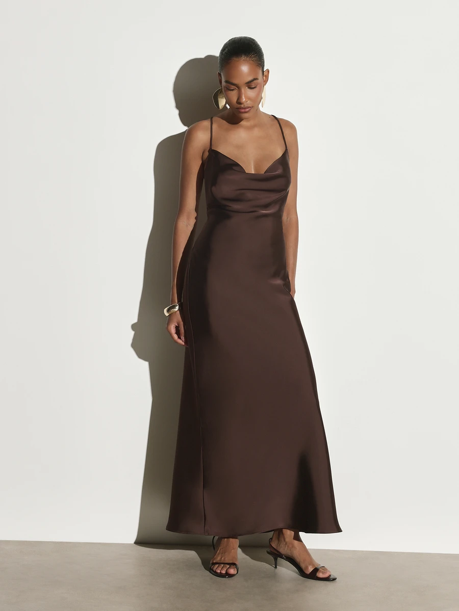 KSTM Satin Cowl Neck Maxi Slip Dress With Thin Straps Elegant A-Line Silhouette Holiday Evening Gown - Coffee Brown - View 1
