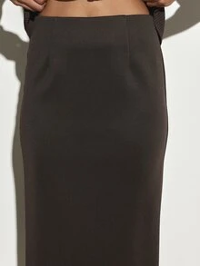 KSTM Chocolate Brown High Rise Pencil Midi Skirt Bodycon Fitted Silhouette Below Knee Length Tailored Office Work Party - Brown - View 6