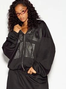 SUMWON WOMEN Jaket Sweatshirt Kasual Lengan Panjang Model Boxy Fit Oversized dengan Resleting Penuh dan Detail Logo Bertabur Rhinestone Perak - Hitam - View 1