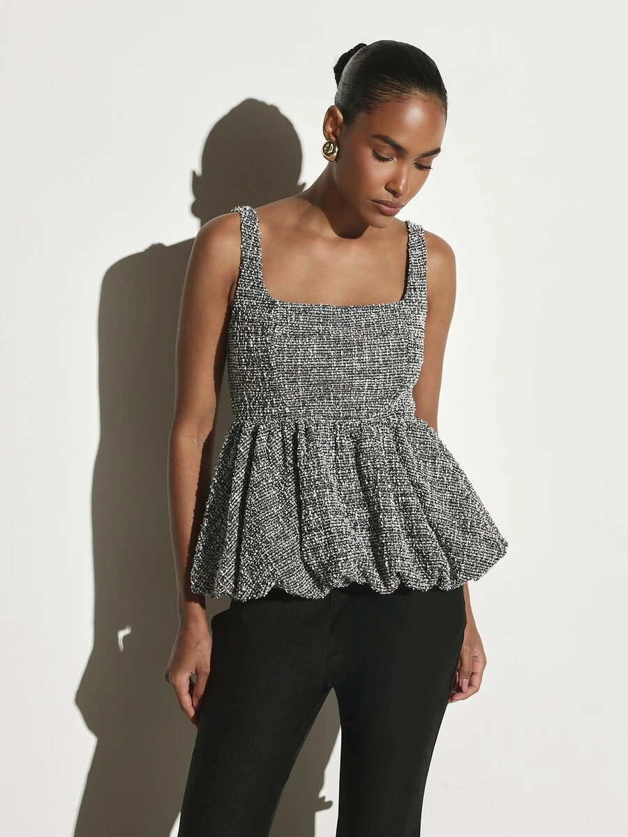 KSTM Atasan Tweed Tanpa Lengan Leher Persegi dengan Peplum, Hem Menggelembung, dan Detail Lipatan di Pinggang, Sempurna untuk Pesta Liburan dan Acara Malam Hari - Hitam dan Putih - View 1