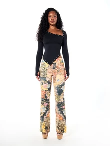 SUMWON Asymmetric One-Shoulder Long Sleeve Crop Bodysuit With Metal Eyelet Trim Detail Perfect For Night Out Party Season Fall - Black - View 3