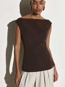 KSTM Boat Neck Cap Sleeve Fitted Blouse With Seam Detail Sleek Structured Top Ideal For Fall Winter Occasions And Evening Out - Coffee Brown - View 1