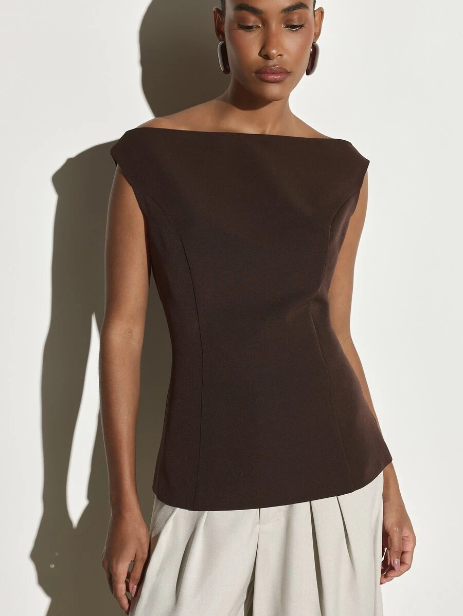 KSTM Boat Neck Cap Sleeve Fitted Blouse With Seam Detail Sleek Structured Top Ideal For Fall Winter Occasions And Evening Out - Coffee Brown - View 1