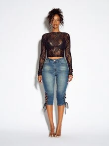 SUMWON WOMEN Atasan Crop Top Lengan Panjang Transparan Berenda Bunga, Leher Perahu, Blus Pas Badan Semi-Transparan, Gaya Pesta Malam Musim Semi Musim Panas - Hitam - View 2